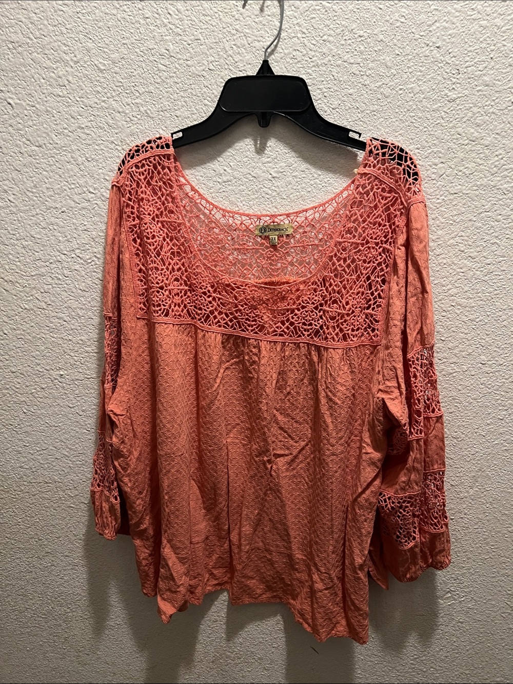 Democracy Coral Crochet Yoke Tunic Top